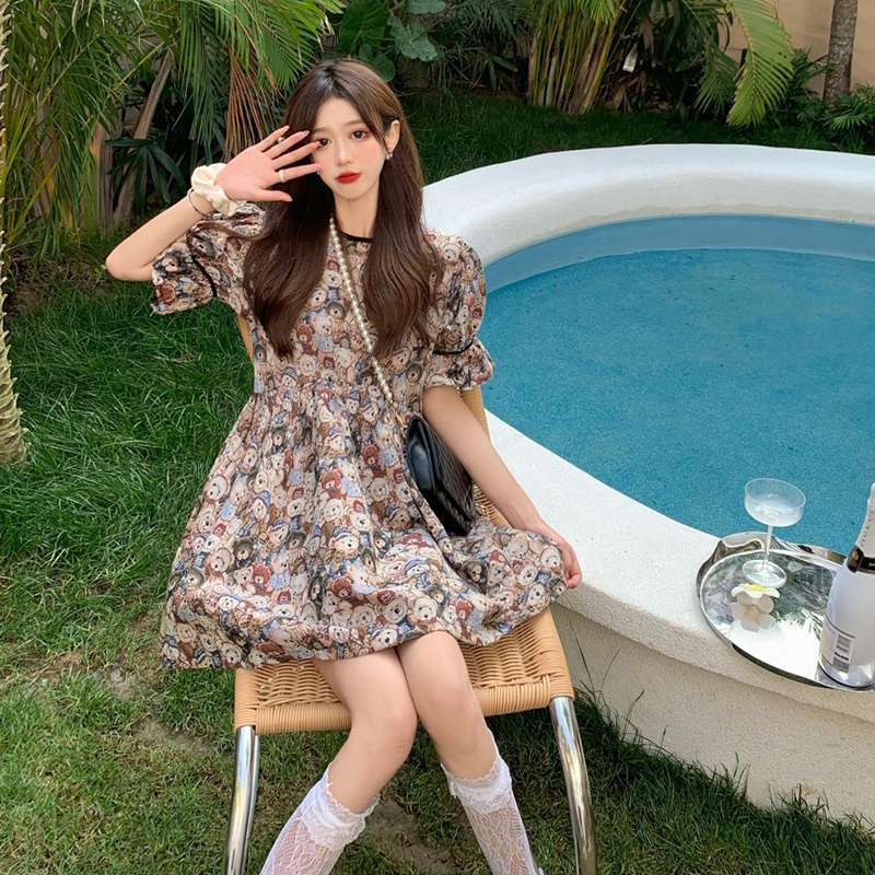 Đầm IELGY tay ngắn họa tiết gấu xinh xắn theo phong cách cổ điển cho nữ