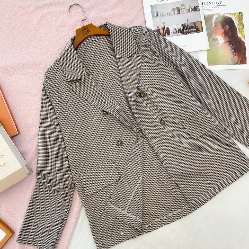 Áo Khoác Vest Blazer Tay Dài Kẻ Caro Chuẩn Hàng Xuất Dư Cực Xịn