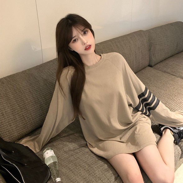 Áo thun COZOK tay dài dáng rộng màu tương phản phong cách Hàn Quốc dễ phối đồ