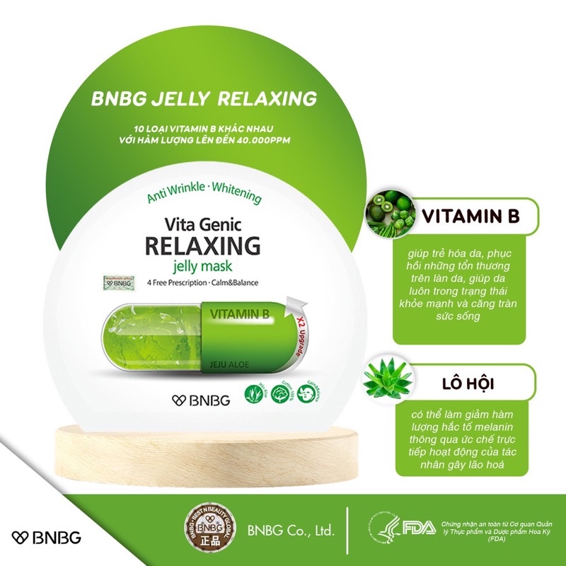 Combo 5 miếng Mặt nạ giấy xanh lá thư giãn và phục hồi làn da BNBG Vita Genic Relaxing Jelly Mask(Vitamin B)30ml x5