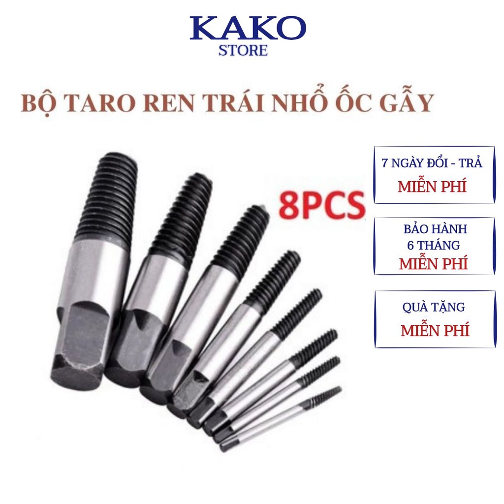 Bộ taro ren trái nhổ ốc vít gãy 8 cây (3-26mm), dụng cụ mở ốc vít, mũi khoan lấy ốc gẫy