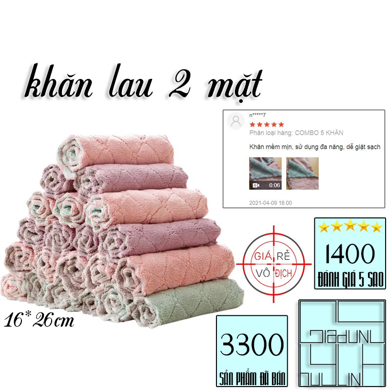 Combo 5 khăn lau đa năng nhà bếp, bát, đĩa, cốc, chén thấm nước chống dính dầu mỡ hai mặt loại to 16x26cm (KLT04)