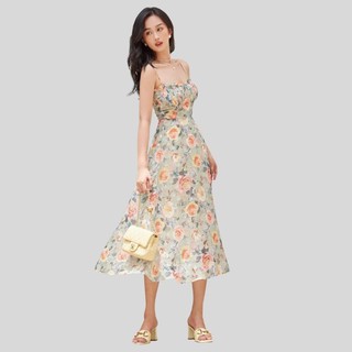 RECHIC Đầm Rosian Họa Tiết Hoa Xanh hai dây dáng dài Dễ Thương quyến rũ gợi cảm