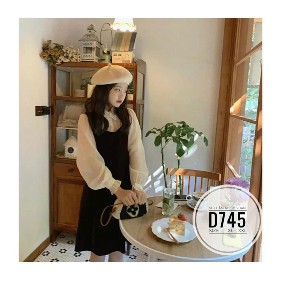 (CÓ ẢNH THẬT) BIGSIZE Set đầm áo SM voan D745 Chất liệu: - đầm cotton thái - áo voan Màu sắc: đen phối nude