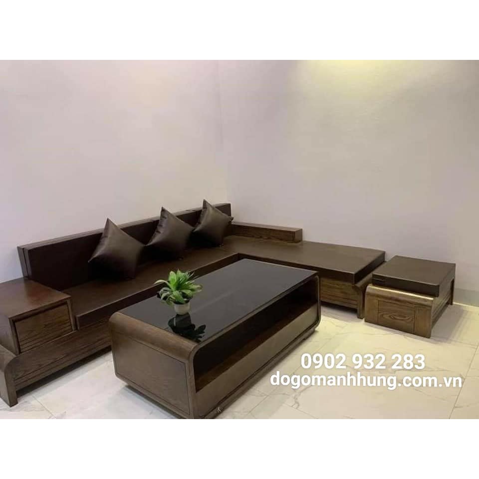 Bộ bàn ghế salon phòng khách,sofa góc gỗ sồi góc L màu óc chó MS 13C