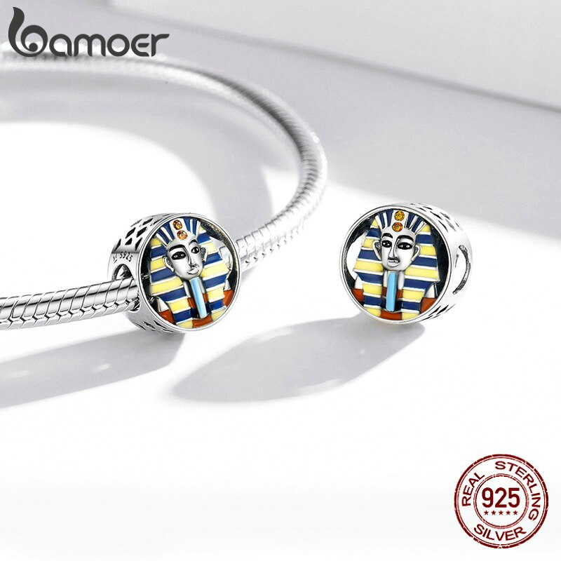 Mặt trang sức Bamoer SCC1858 bằng bạc 925 họa tiết Pharaoh Ai Cập cổ đại/thần mèo Bastet màu vàng dùng làm vòng tay DIY