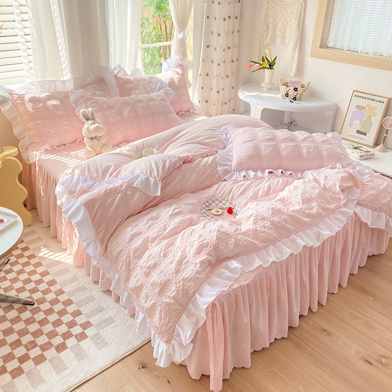 Internet Hot Seersucker Four-Piece of Bed Skirt Spring and Summer Korean Princess Style Girlish Heart Duvet Cover Bedspread Bedding
