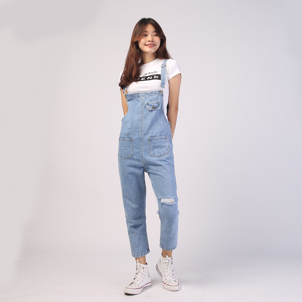 Quần yếm nữ dài dáng suông ống rộng ulzzang hàn quốc rách gối cá tính Tulibs YN02