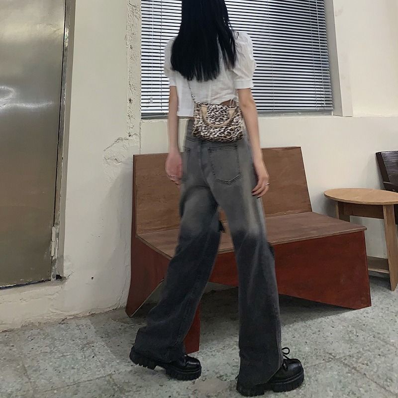 Jiashucheng Quần Jean Rách Ống Rộng Lưng Cao Dáng Ôm Dễ Phối Đồ Cho Nữ