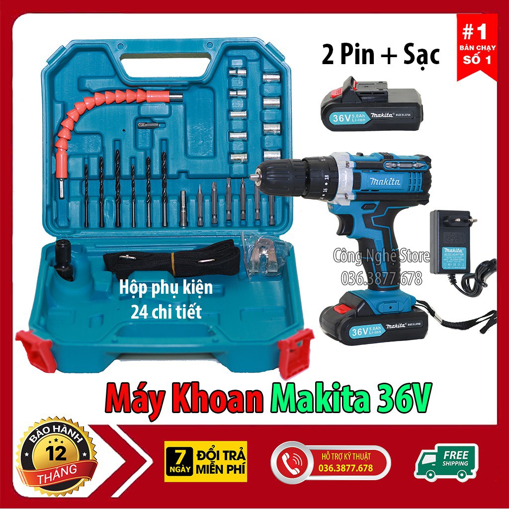 Máy khoan pin 36V Makita 3 chức năng có búa - Tặng kèm 24 chi tiết