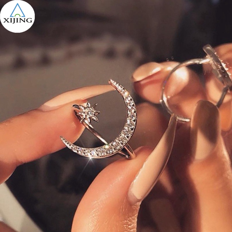 Nhẫn đeo tay hình mặt trăng và ngôi sao đính đá lấp lánh xinh xắn cho nữ
