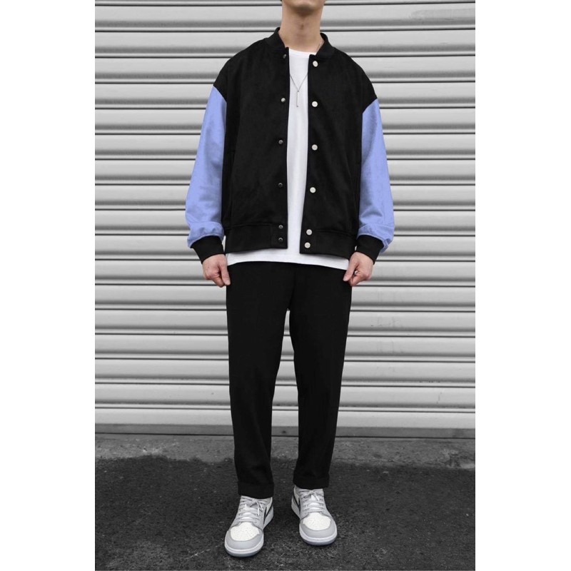 Áo khoác bomber TBG phối tay Blue thời trang , áo jacket da lộn nam nữ unisex phong cách Hàn Quốc ,MSW Town