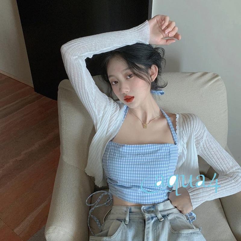 Áo Croptop Cổ Yếm Họa Tiết Kẻ Sọc Màu Xanh Dương Nhạt Phối Dây Rút Thời Trang Mùa Hè Cho Nữ