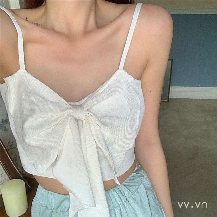 Áo Dệt Kim Sát Nách Dáng Ôm Đính Nơ Màu Sắc Đơn Giản Phong Cách Hàn Quốc Cho Nữ