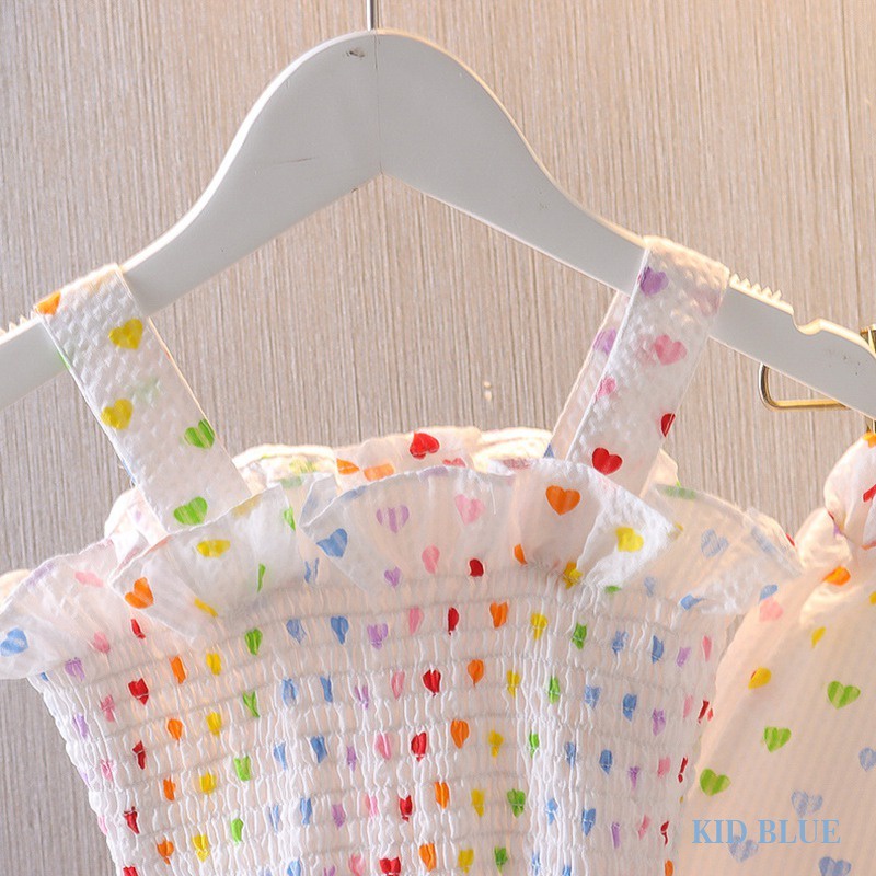 Bộ Áo Hai Dây In Họa Tiết Trái Tim + Quần Short Eo Co Giãn Phong Cách Phương Tây Dễ Thương Cho Bé Gái