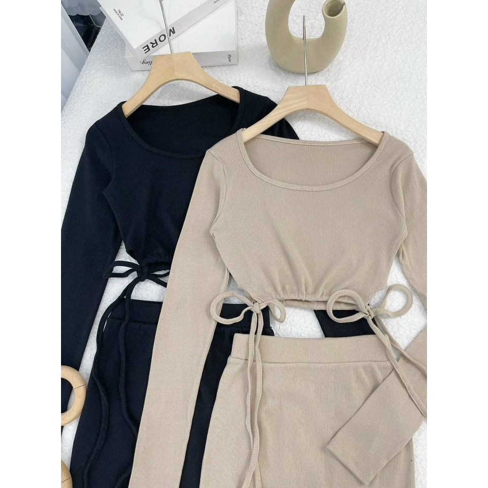 SET Áo croptop tay dài dây cột eo kèm Chân Váy midi ôm body xẻ sau màu đen/nude NÀNG CLOSET