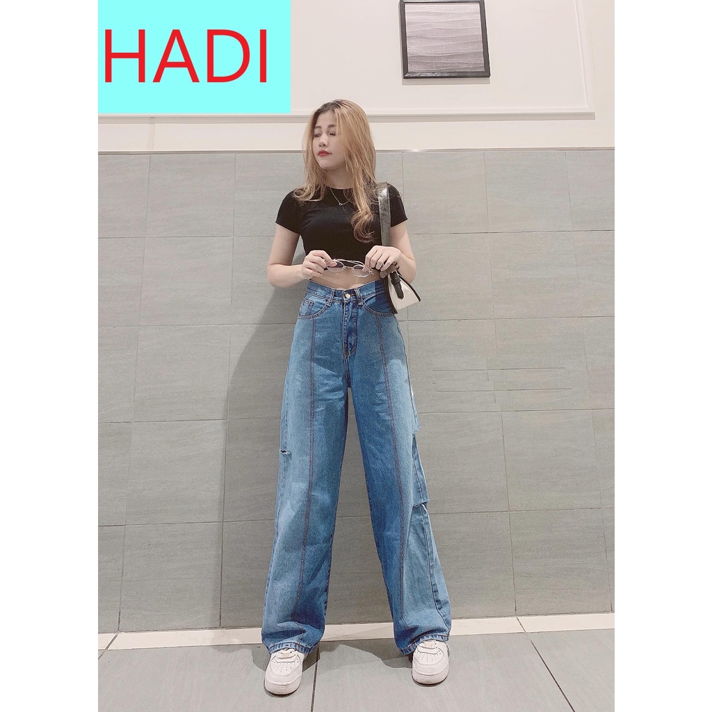 QUẦN JEAN ỐNG RỘNG NỮ LƯNG CAO RÁCH BE LOANG MÀU CHỈ FORM DÀI RỘNG SIÊU TÔN DÁNG LAI CUỐN ĐẲNG CẤP CỰC THỜI TRANG HADI