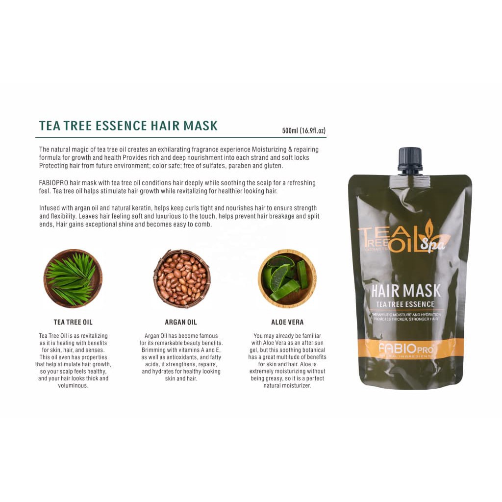 Hấp Túi Phủ Lụa Siêu Mềm Mượt FABIO Tea Tree Essence Hair Mask 500ml - Mặt nạ ủ tóc tinh chất trà xanh