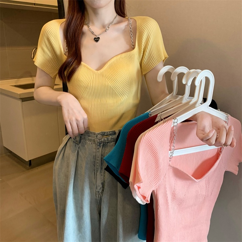 SUXI Áo Croptop Dệt Kim Tay Ngắn Màu Sắc Thời Trang Mùa Hè Cho Nữ