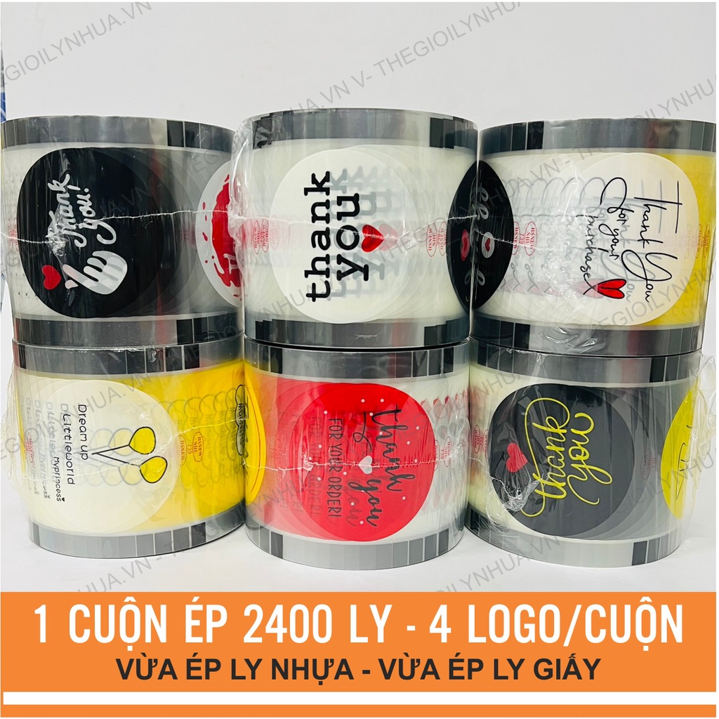 Màng dập cốc giấy, cuộn màng dập cốc giấy in sẵn 2400 logo, màng dập vừa dập cốc giấy vừa dập cốc nhựa mẫu ngẫu nhiên
