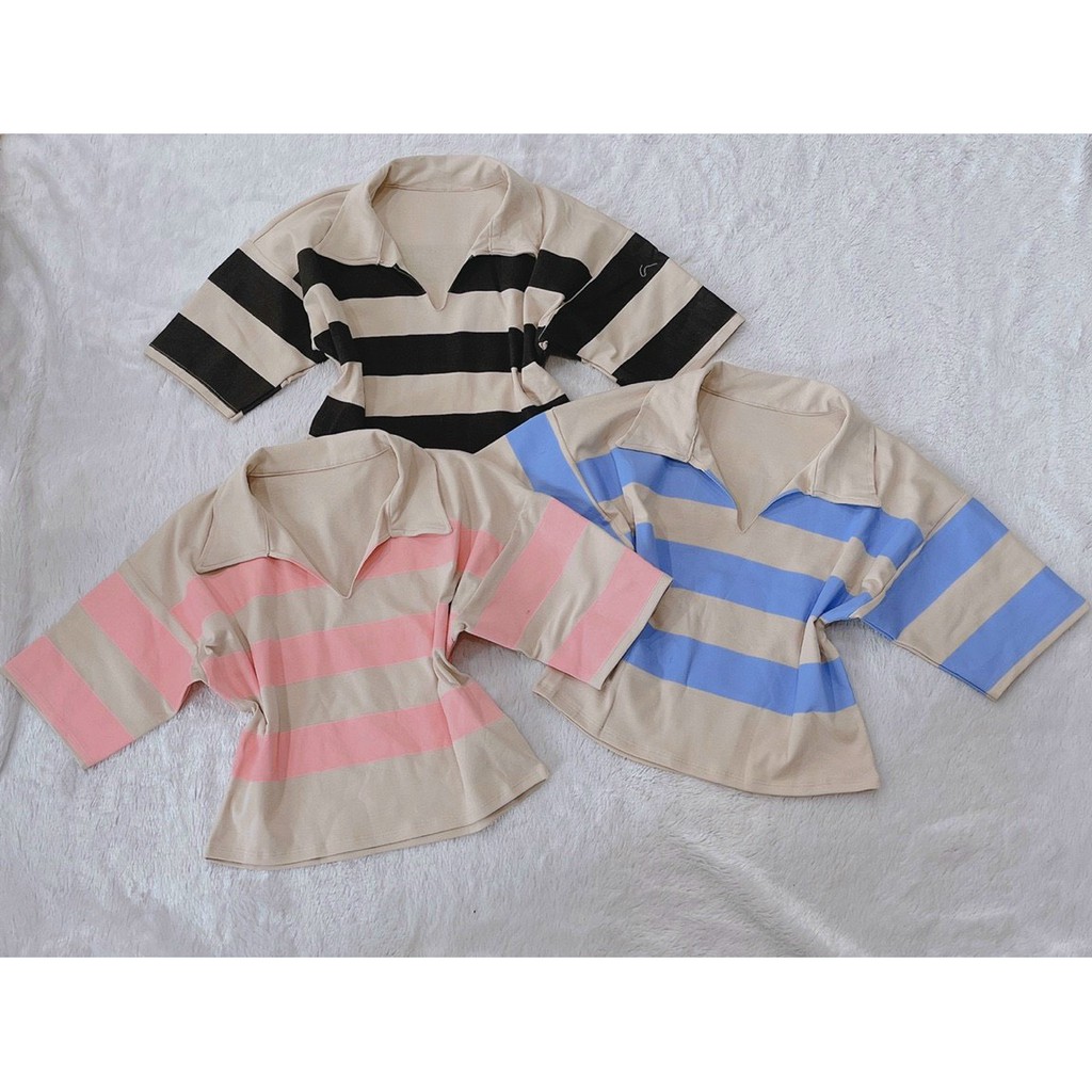 Áo thun cổ bẻ polo kiểu màu sọc dáng CRT xinh cho bạn gái chất thun cotton mềm mịn