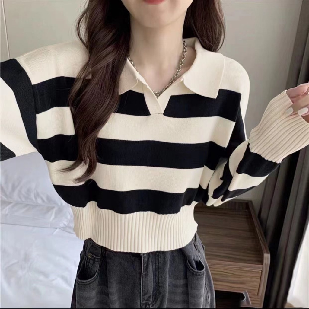Áo Sweater Dệt Kim Tay Dài Cổ Polo Kẻ Sọc Xinh Xắn Cho Nữ