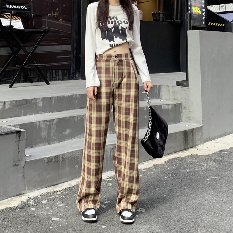 Quần dài SUXI ống rộng họa tiết caro thời trang cổ điển dành cho nữ