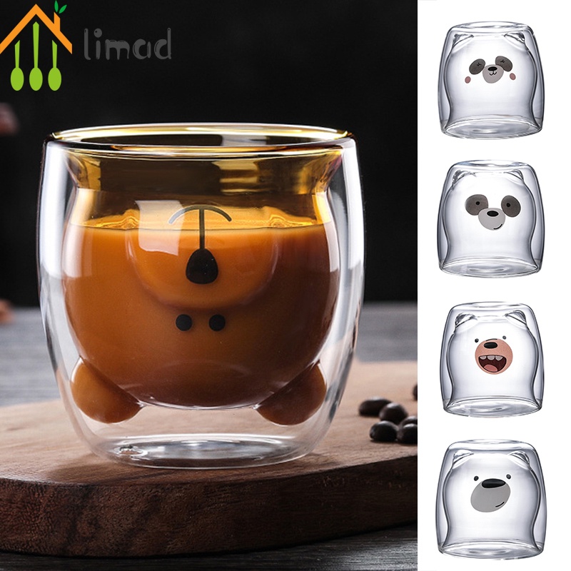 【COD】# limad Cartoon Bear Cup Double Layer Transparent Glass Cups Coffee Mug Couple Gifts