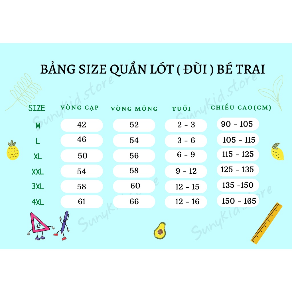 Combo 4 Quần lót đùi cotton bé trai  HC505 kháng khuẩn Sunykid cho bé từ 2-16 tuổi