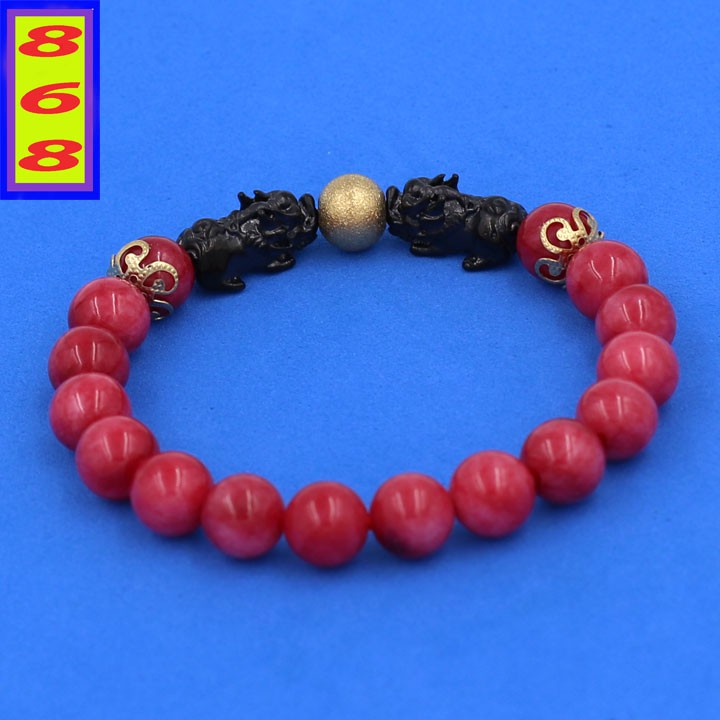 Vòng đeo tay đá Hồng Ngọc 8 ly - Vòng tay chuỗi hạt charm Tỳ Hưu Đôi inox đen VHGTHHEV8 - hợp mệnh Hỏa, mệnh Thổ