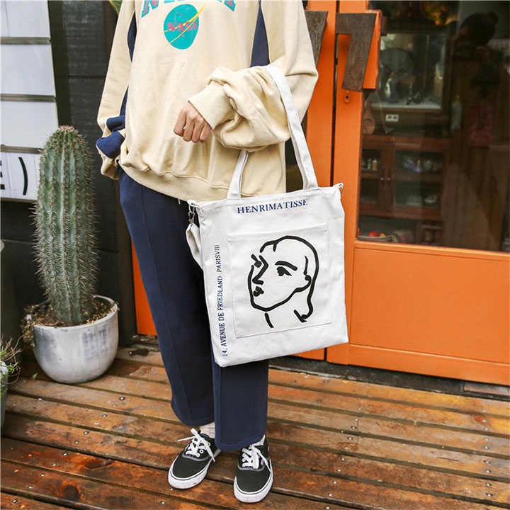 Túi tote vải canvas có khóa phong cách Hàn Quốc