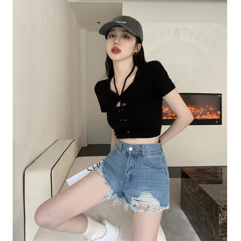 Jiashucheng Áo Thun Ngắn Tay Ôm Dáng Hở Lưng Màu Hồng Phong Cách Mới Mùa Hè Cho Nữ