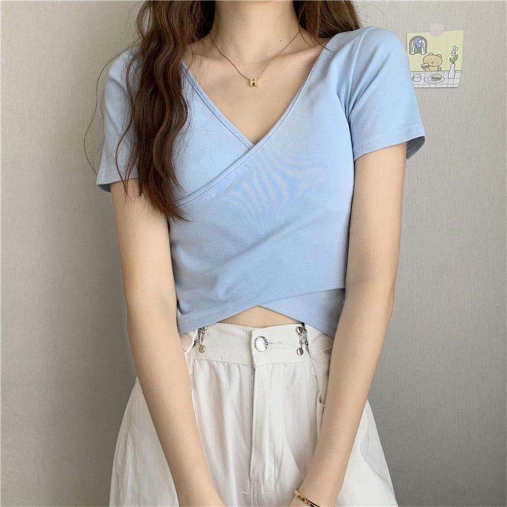 Áo thun cotton tay ngắn cổ chữ v màu trơn mềm mại thời trang mùa hè cho nữ