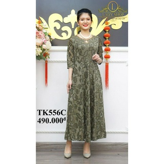 ĐẦM TRUNG NIÊN CAO CẤP Váy Quý Bà - LADYSHOP - Đầm nhung rêu hoa lá cổ đá giọt lệ TK556