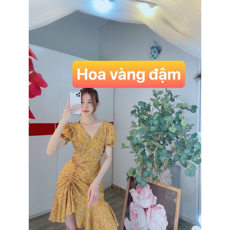 Đầm hoa tay ngắn rút eo cổ tim siêu đẹp - hình thật