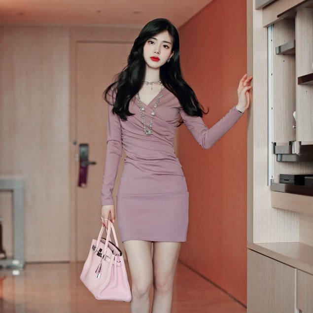 Đầm dự tiệc thiết kế ôm sang trọng, váy thu đông dài tay nhún thân màu hồng tím - e1151