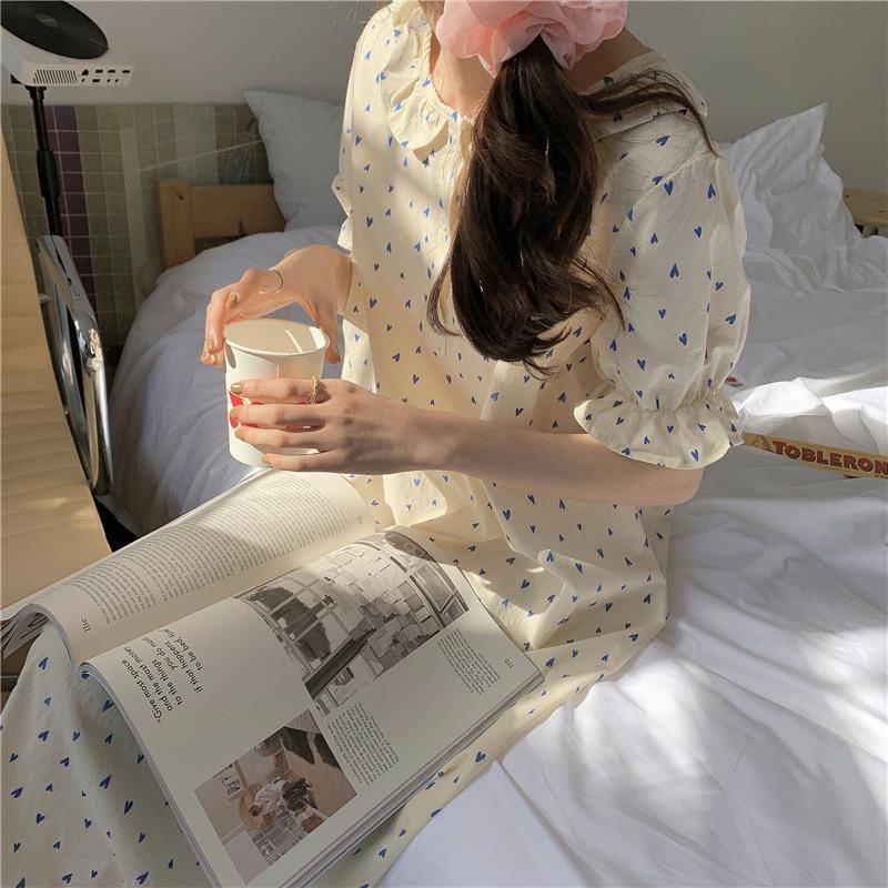 đồ ngủ In Họa Tiết Trái Tim Màu Xanh Dương Phong Cách Hàn Quốc Thời Trang Mùa Hè Hàng Mới Dành Cho Bạn Nữ 2021