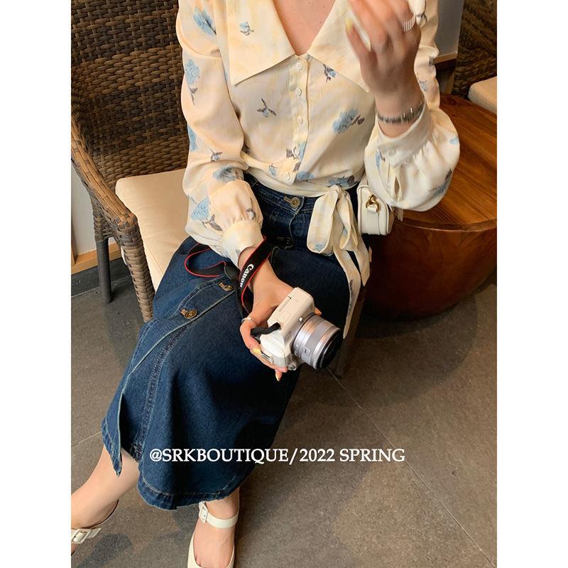 Chân Váy Denim Dáng Dài Lưng Cao Phong Cách Retro Mẫu Mới 2022 Thời Trang Mùa Xuân Cho Nữ
