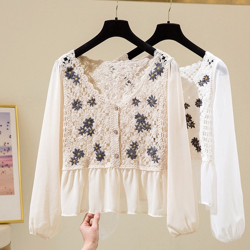 Áo Kiểu/ Áo kiểu nữ đẹp/ Tay Dài Chất Chifon hoạ tiết hoa ren thiết kế dễ thương trẻ trung