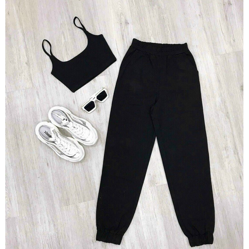 Set bộ thể thao croptop hai dây hai màu đen ,nu