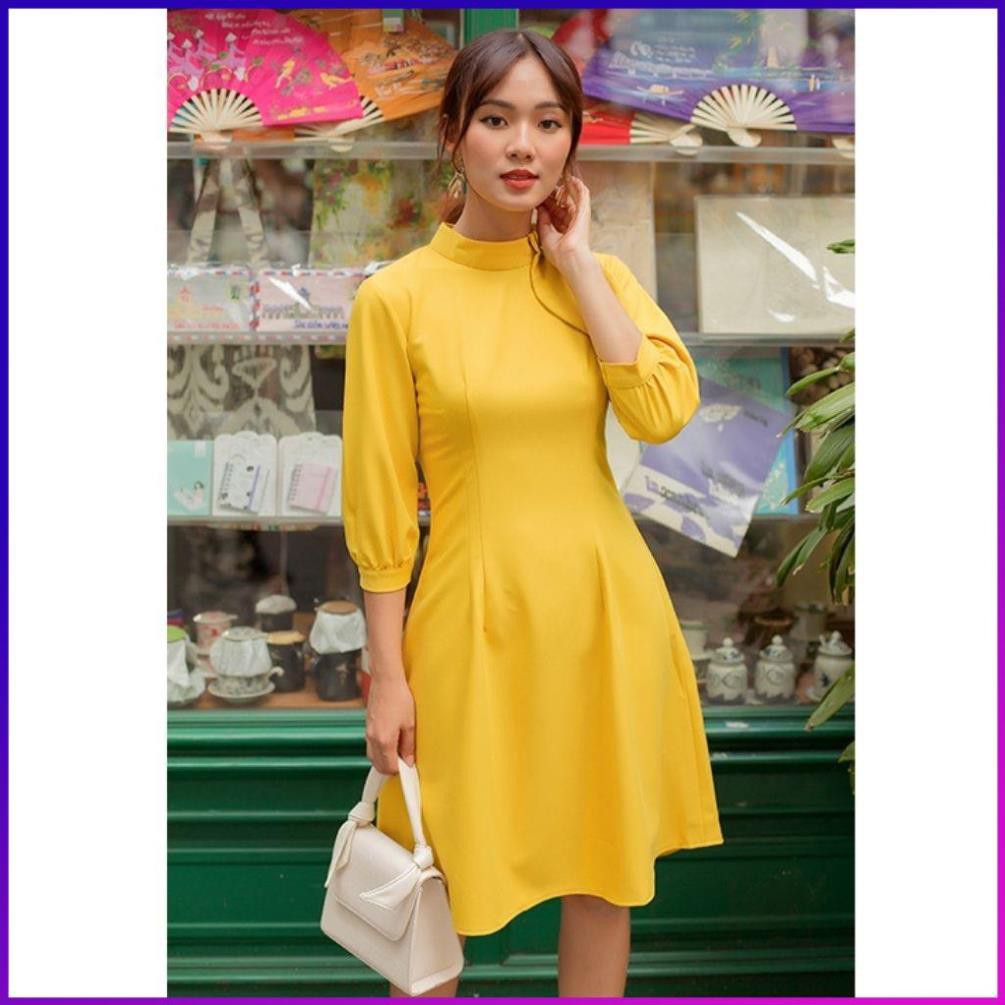 Váy Đầm Công Sở Nữ Tà A Cổ Nơ Tay Lở Dún Vải Dãn Nhẹ Màu Vàng | BigBuy360 - bigbuy360.vn