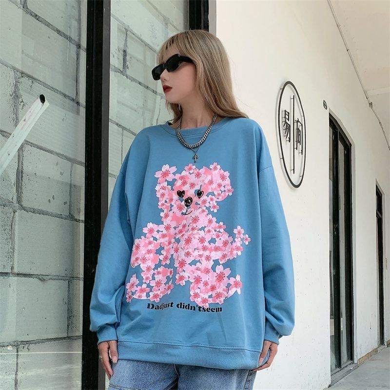 Áo Thun Sweater Dáng Rộng Tay Dài In Hình Gấu Và Hoa Dễ Thương