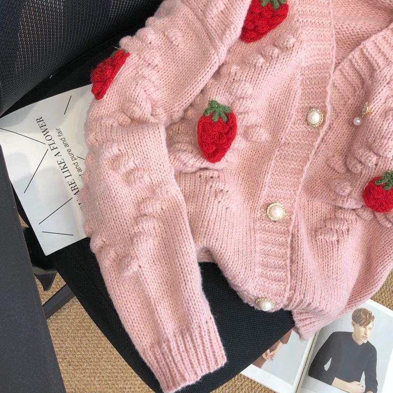 Áo Khoác Cardigan Dệt Kim Dày Dặn Họa Tiết Dâu Tây Thời Trang Thu Đông 2022 Mới Cho Nữ