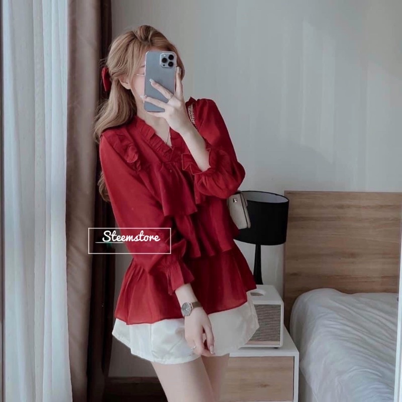 Set áo Baby Doll tầng cổ viền bèo đỏ xanh với quần short lưng thun chất takta cá tính nữ