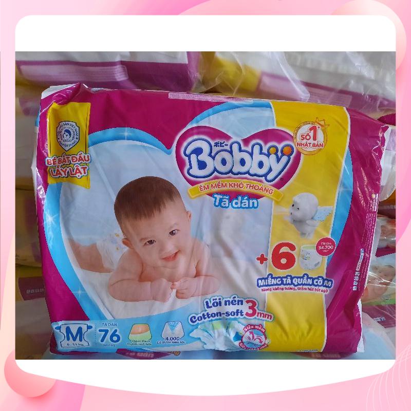 Tã dán bobby mẫu mới size M 76 miếng tặng kèm 6 miếng,tã bobby dán size L 68 miếng