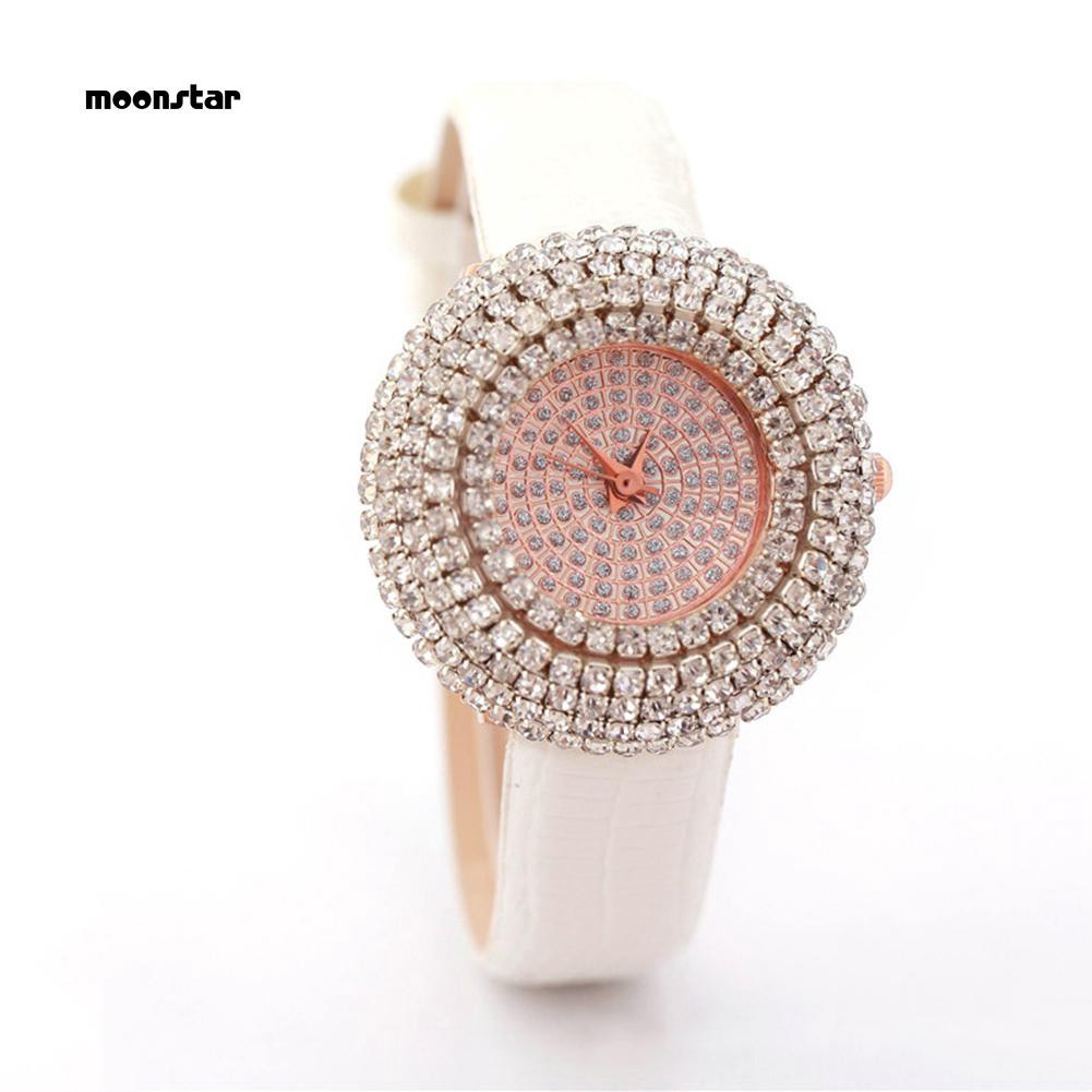 Đồng hồ quartz nữ mặt tròn đính hột xoàn dây giả da | BigBuy360 - bigbuy360.vn