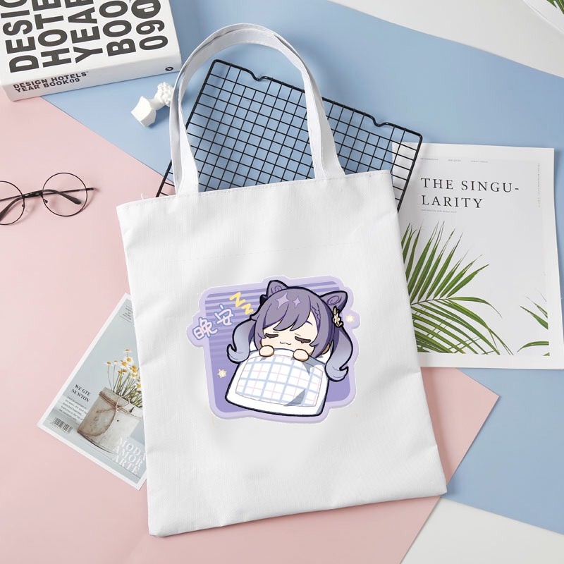 Túi tote vải trắng đeo vai in hình nhân vật GENSHIN IMPACT tiện lợi thời trang anime chibi M2