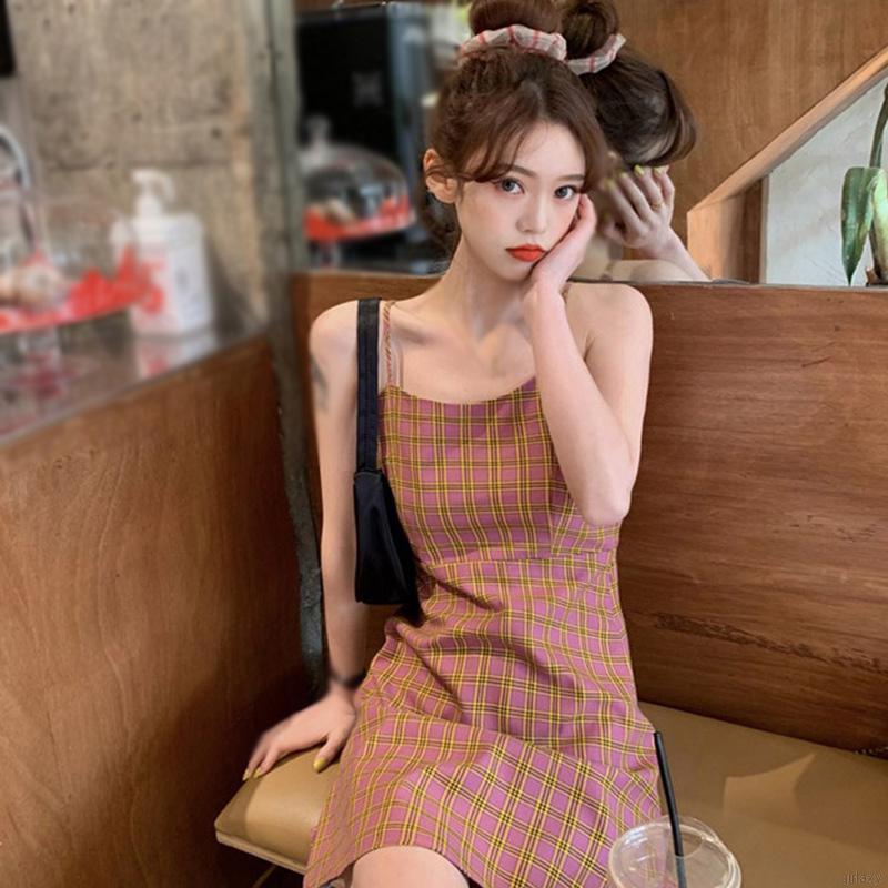 Đầm Dây Họa Tiết Ca Rô Phong Cách Hàn Quốc Nhẹ Nhàng Cho Nữ