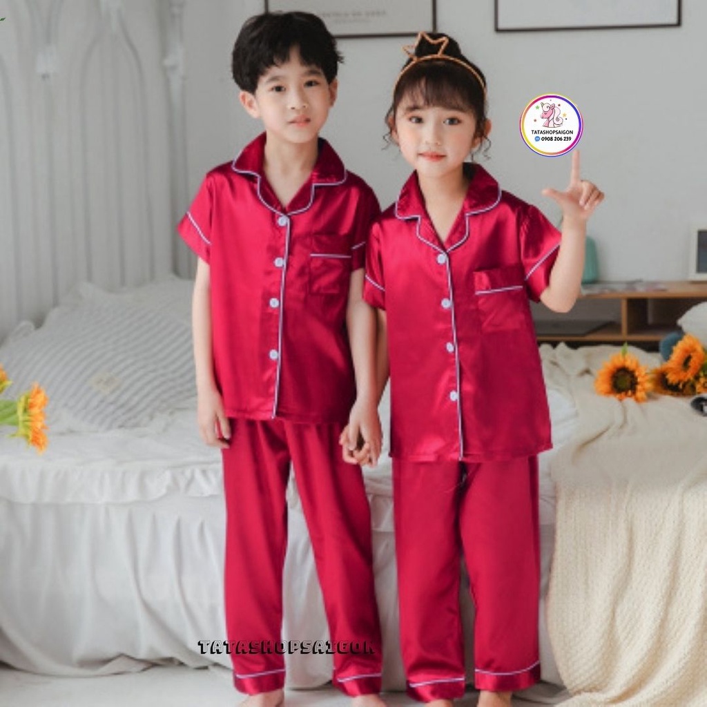 11-40kg Bộ pijama lụa phi bóng tay ngắn quần dài bé trai bé gái mặc đẹp cao cấp