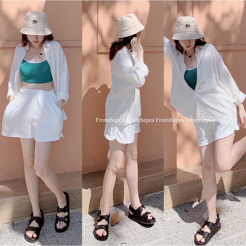 set 3 món xanh lá: Áo sơ mi + short + bra